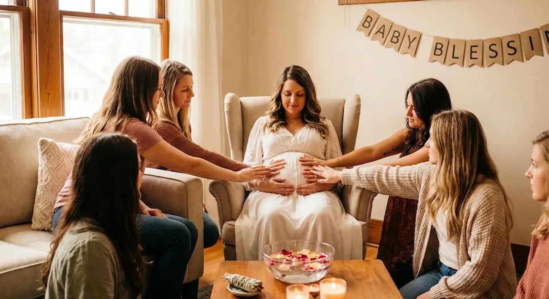 Círculo de mujeres bendiciendo a madre embarazada