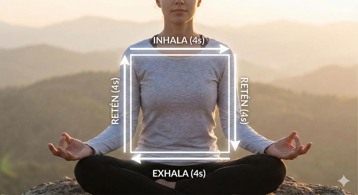 Diagrama explicativo de la técnica de respiración cuadrada 4-4-4-4 sobre mujer meditando - Sama Vritti